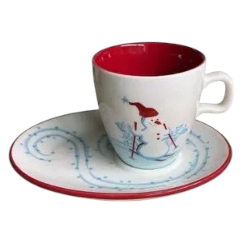 STARBUCKS 2007 Snack Set Cup & Saucer Skiing Snowman / Penguin Winter Tea Season